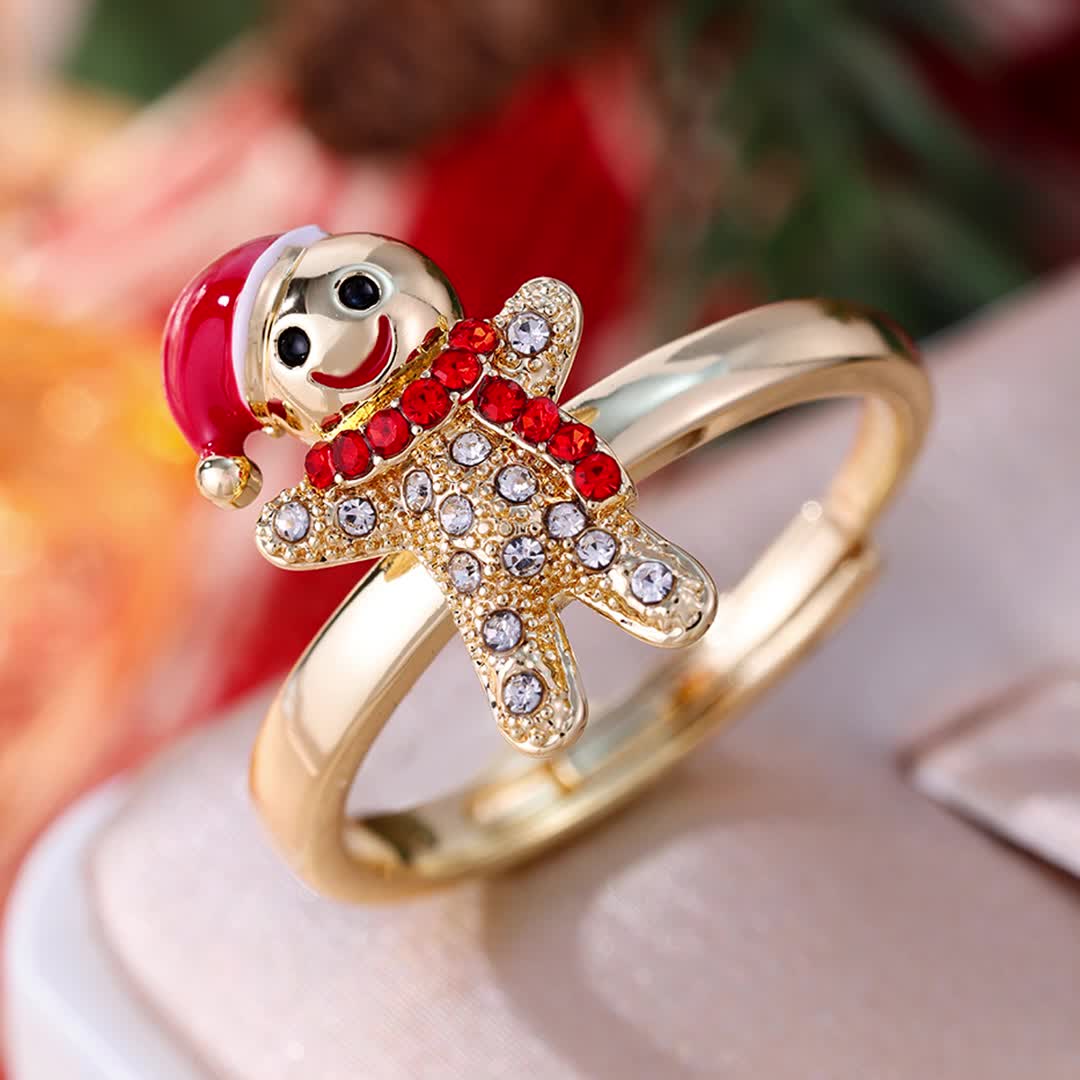 Copper Inlaid Zirconia Gingerbread Man Open Ring, Festive Gift