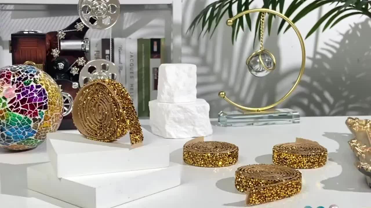4 Rolls Sparkling Golden Rhinestone Trim for Decoration
