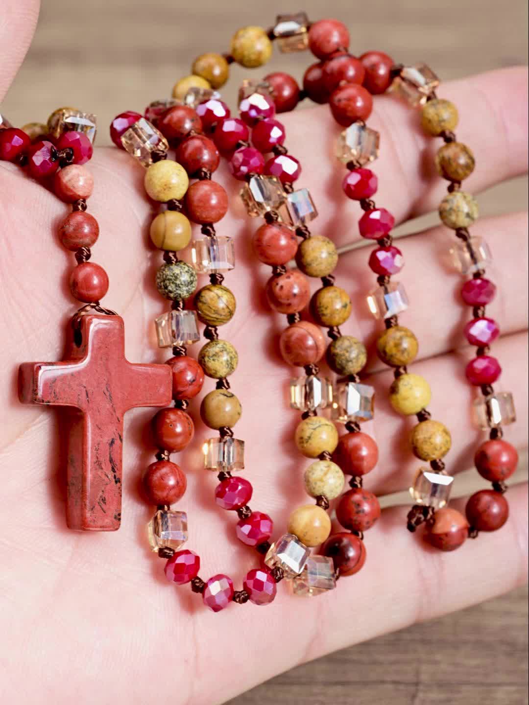 Women's Boho Red Jasper Cross Long Pendant Necklace, Vintage Handmade