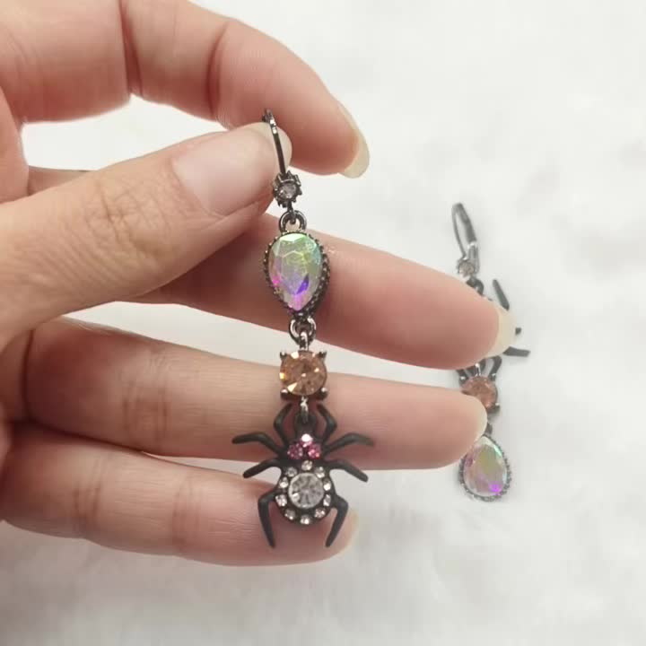Vintage Spider AB Halloween Earrings, Fun Gothic Style
