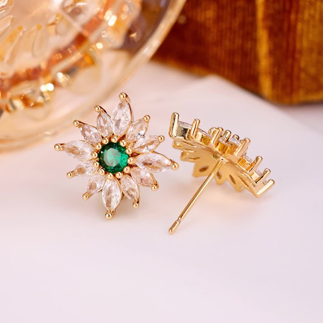 Copper Sunflower Stud Earrings with Synthetic Zirconia
