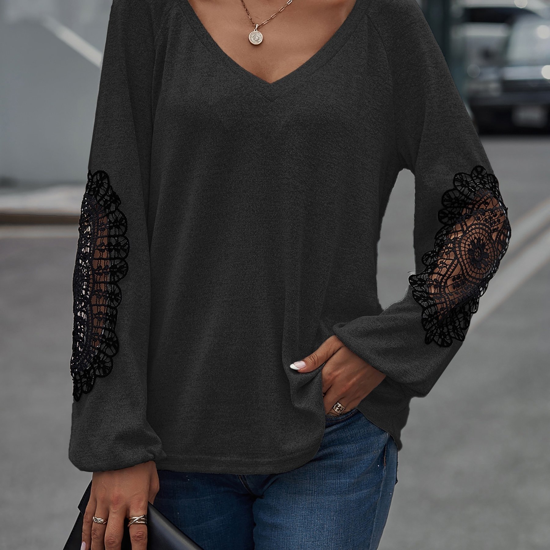 Lace Patch V neck Shirt Loose fit Oversized Top Lace Elbow - Temu New  Zealand