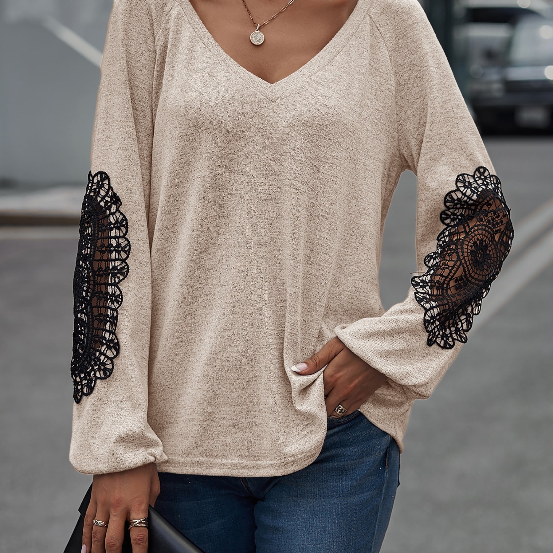V Neck Hollow Lace Stitching Tops, Casual Long Sleeve Fashion Loose Fall  Winter Tops, Women's Clothing