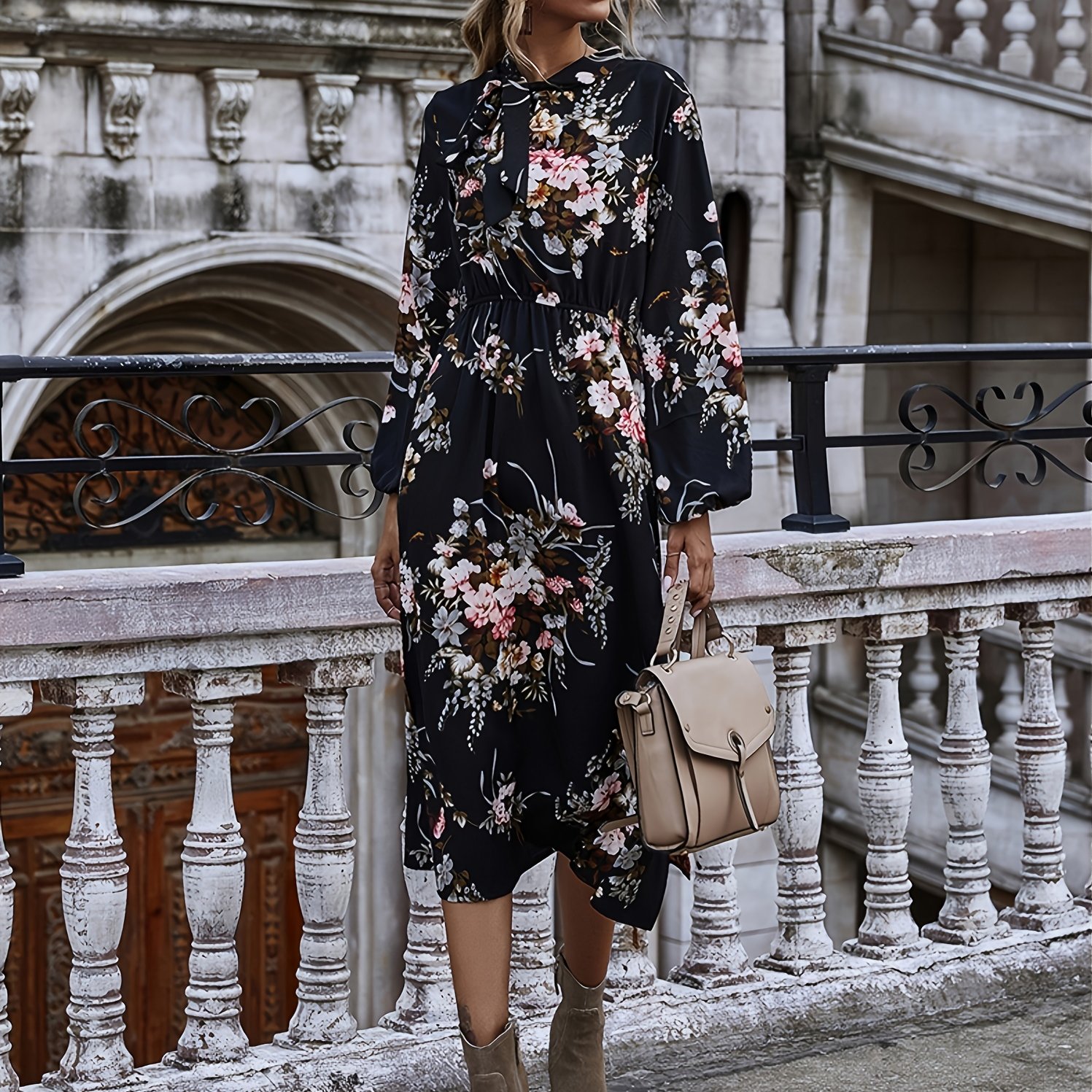 Floral high outlet neck midi dress