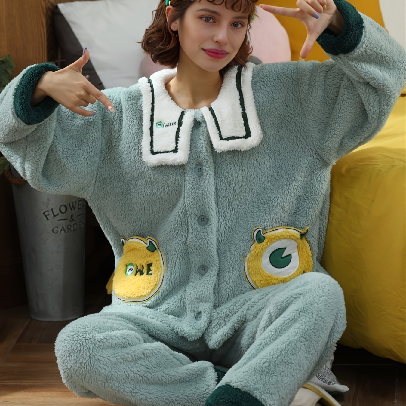 Soft Thick Fuzzy Hoodie Pajamas Set Button Up Pajama Top Elastic