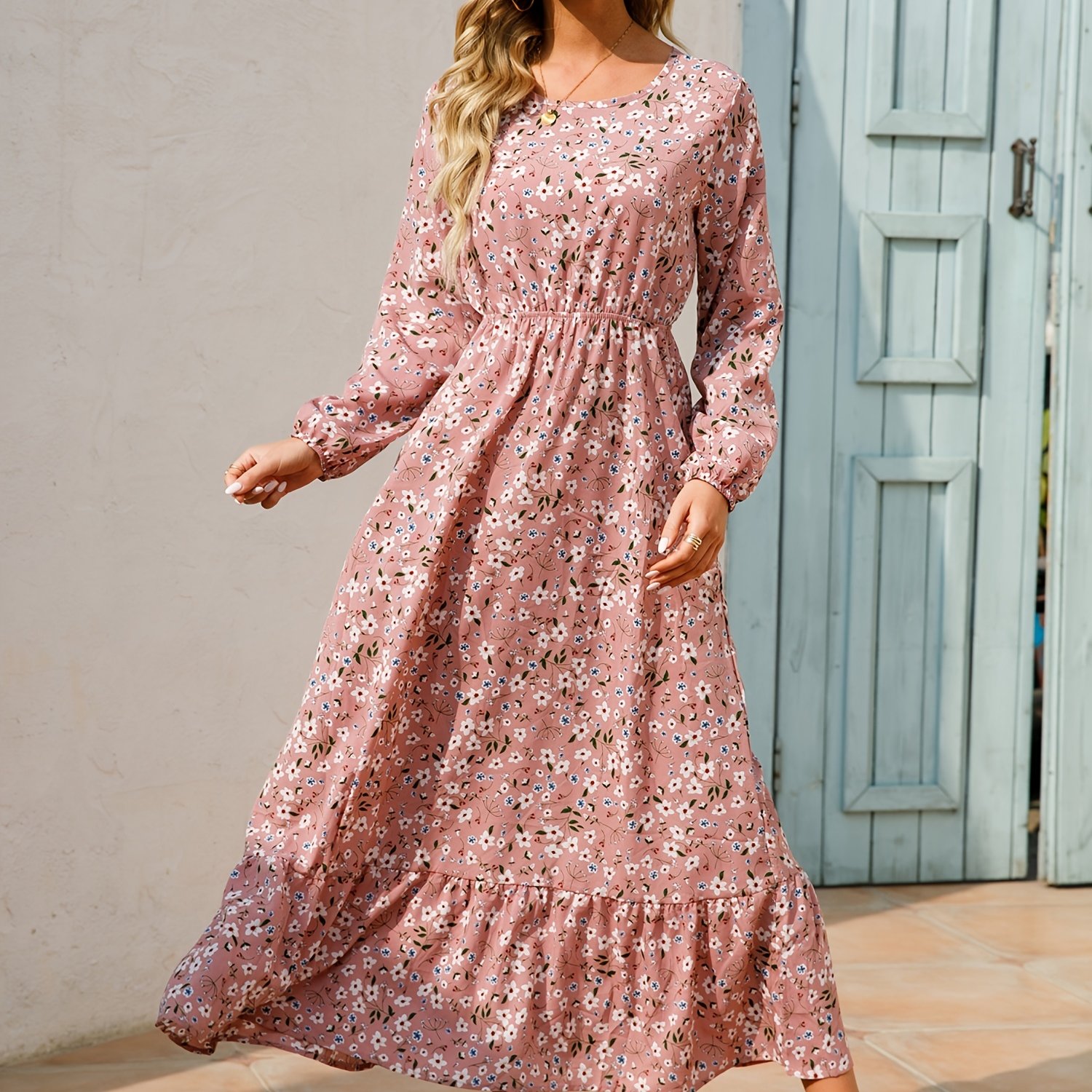Bohemian Flowy Ruffle Long Dress, Casual Floral Print Long Sleeve Crew Neck Waist Long Dresses, Women's Clothing