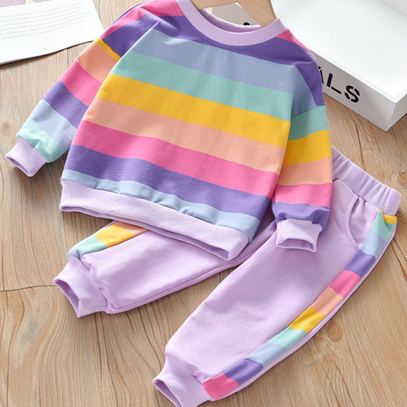 2pcs Girls Pullover Rainbow Striped Sweatshirt Pants Set Kids Clothes 
