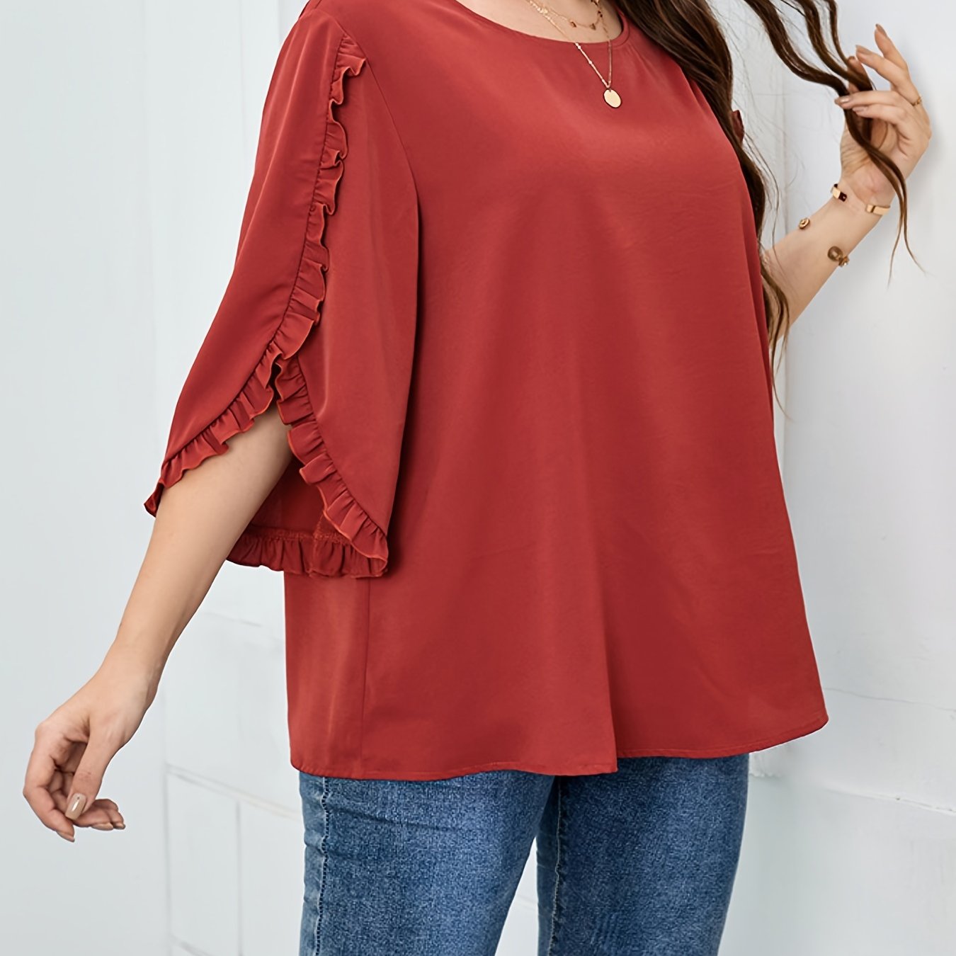 Plus Size Frill Trim 3 4 Sleeve Solid Blouse Women s Plus Round Neck 