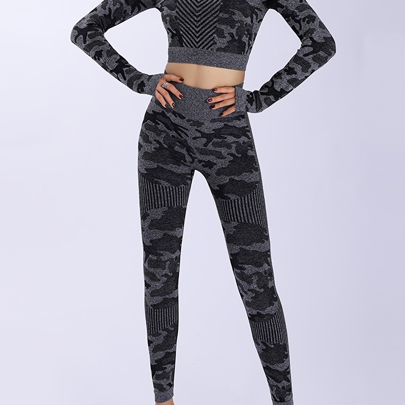 2 pieces Women's Camo Print Yoga Set - Sexy Long Sleeve Crop Top & Butt  Lifting Leggings for Active Wear