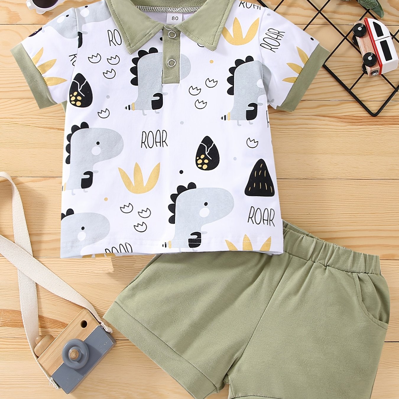 Boys' Summer Collared Animal Print Short Sleeve Shorts Set, Perfect For Outdoor
