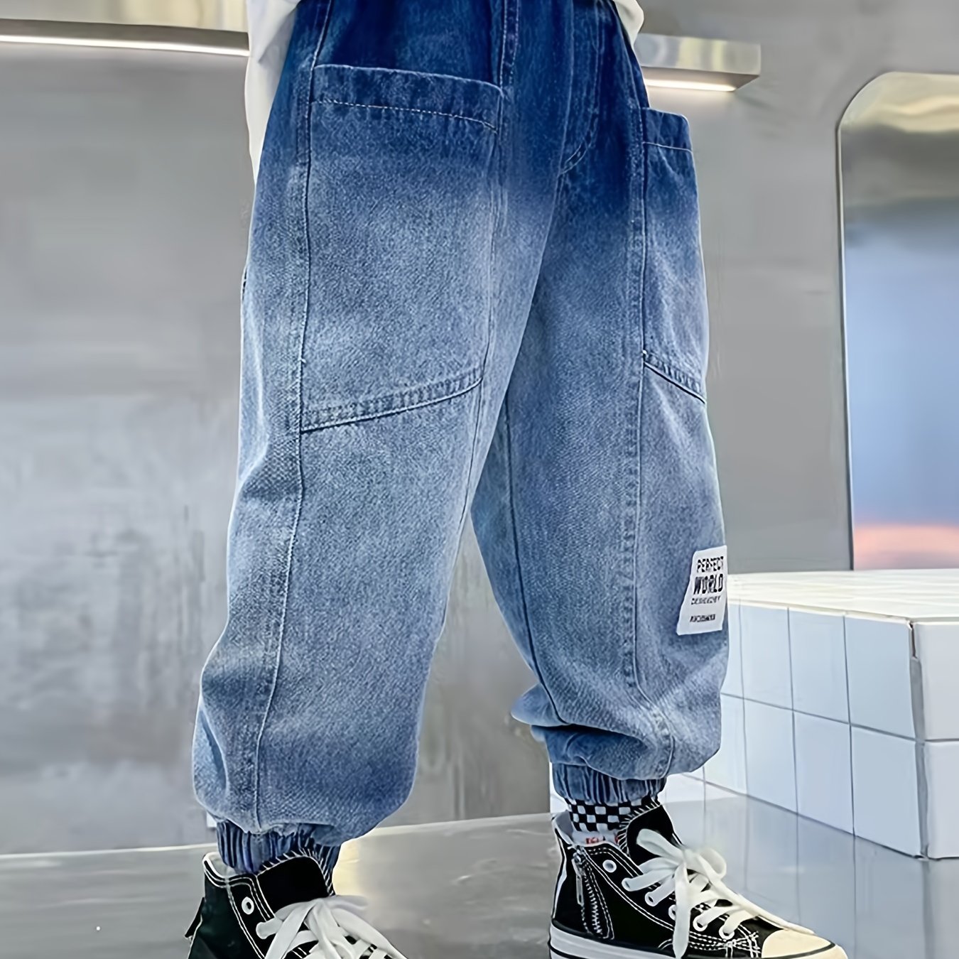 Image of Boys' Spring Denim Pants, Big Kids' Fashionable Overalls, 2022 New Boys' Spring And Autumn Loose Pants, Trendy Brand