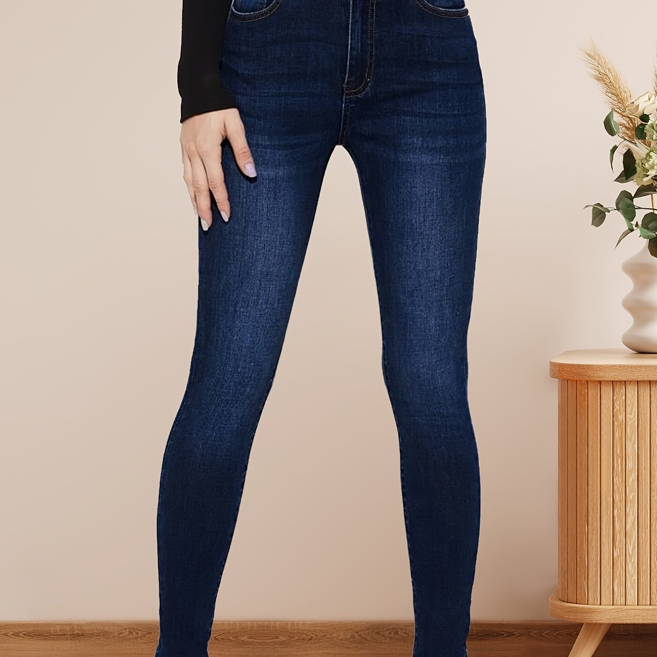 High * Plain Design Dark Blue Super Skinny Jeans, Water Ripple Embossed  Crotch High Waist Denim Pants, Women's Denim Jeans, Women's Clothing