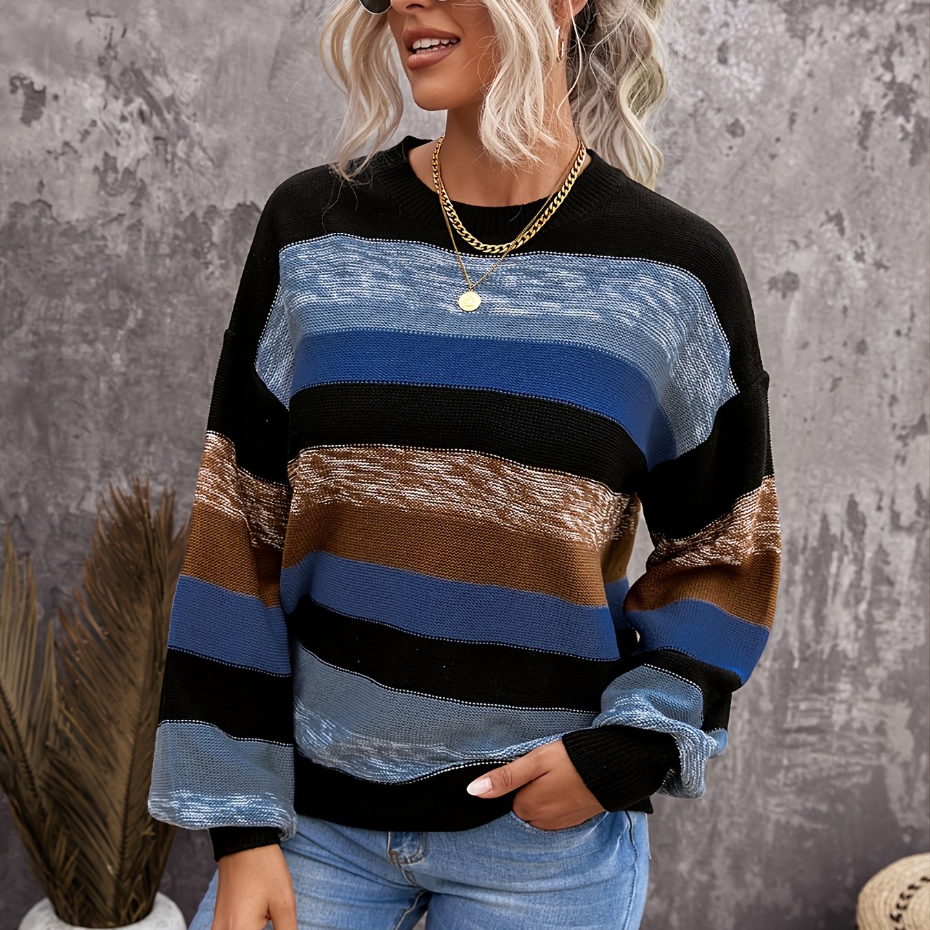 Winter Women`s Striped Knit Sweater Long Sleeves Casual Loose Pullover with  Button - UGSS1351 - IdeaStage Promotional Products