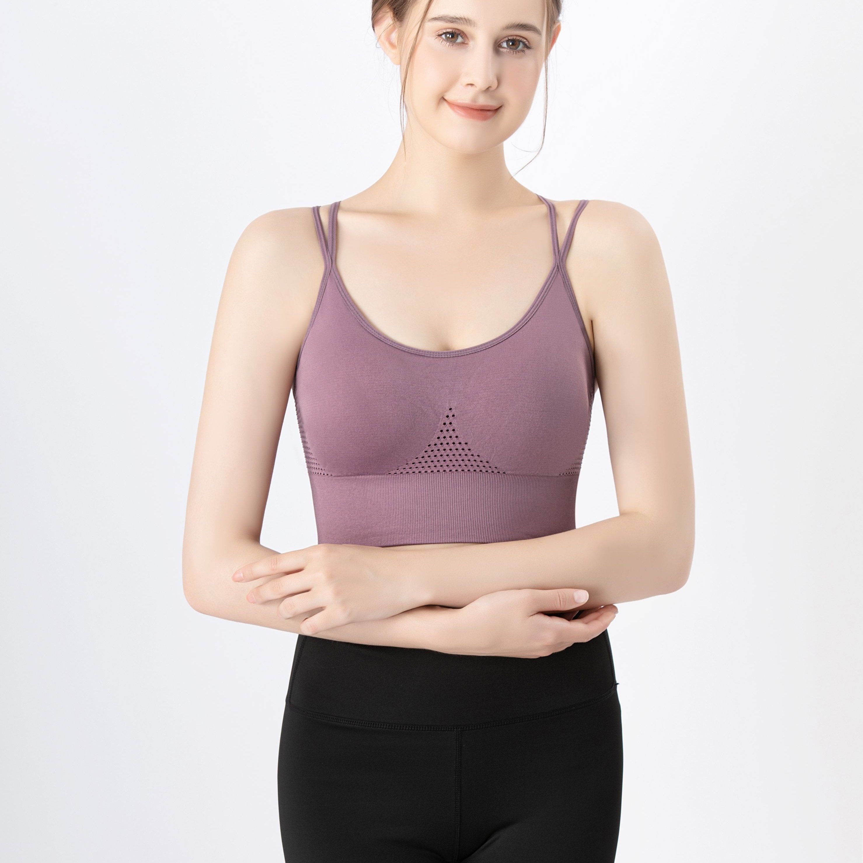 Women's Activewear: Double Strap Cami Sport Bra Ribbed Solid - Temu