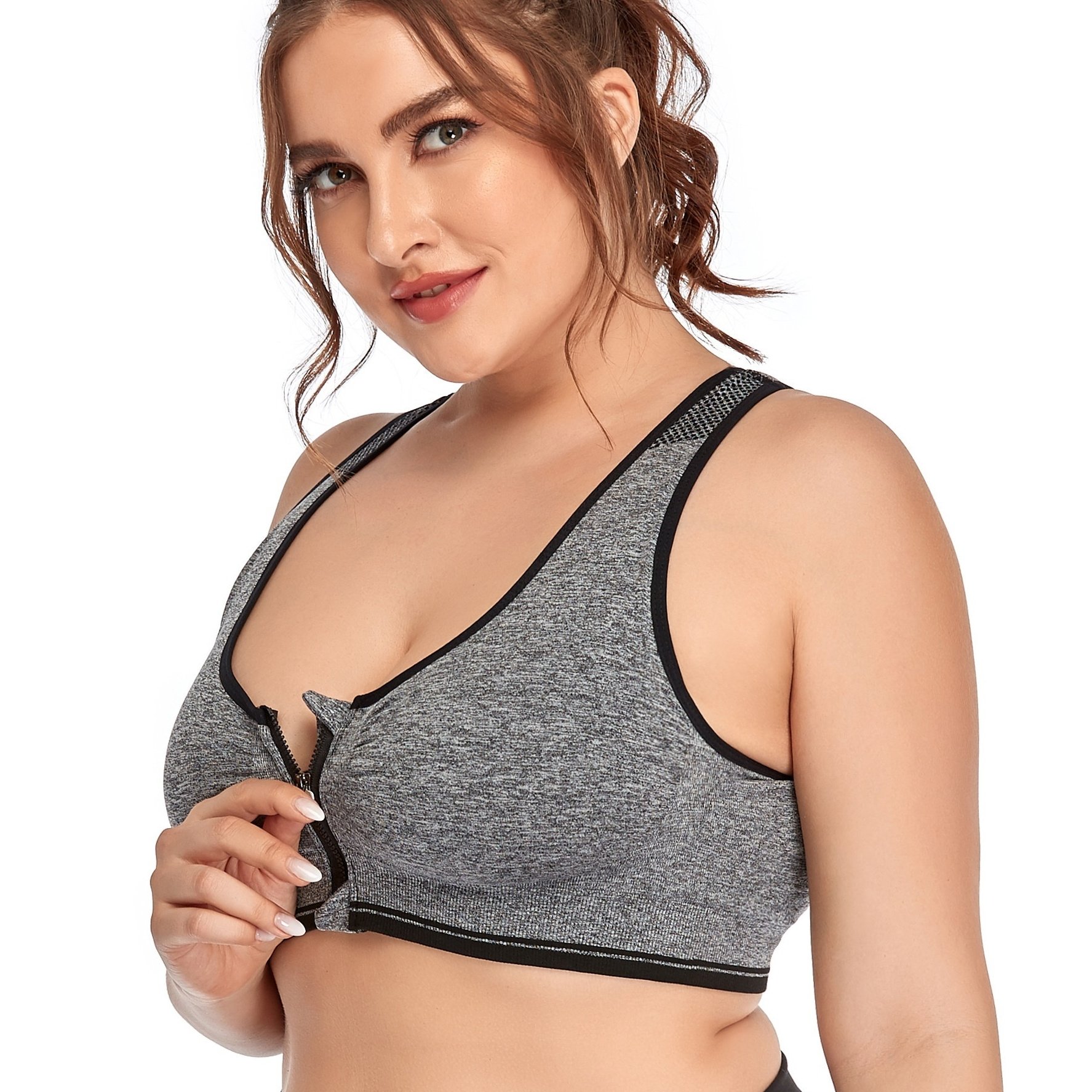 Women's Zip Front Sports Bra, Wireless Mesh Racerback Bra Plus Size Post  Surgery Bra, Push Up Workout Top with Padded (Color : Skin, Size : 4XL)