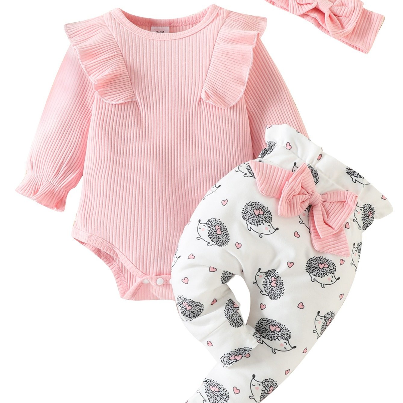 Girls' Spring/autumn Thin Solid Color Ribbed Print Romper And Animal Print Pants Set, Perfect For Outdoor