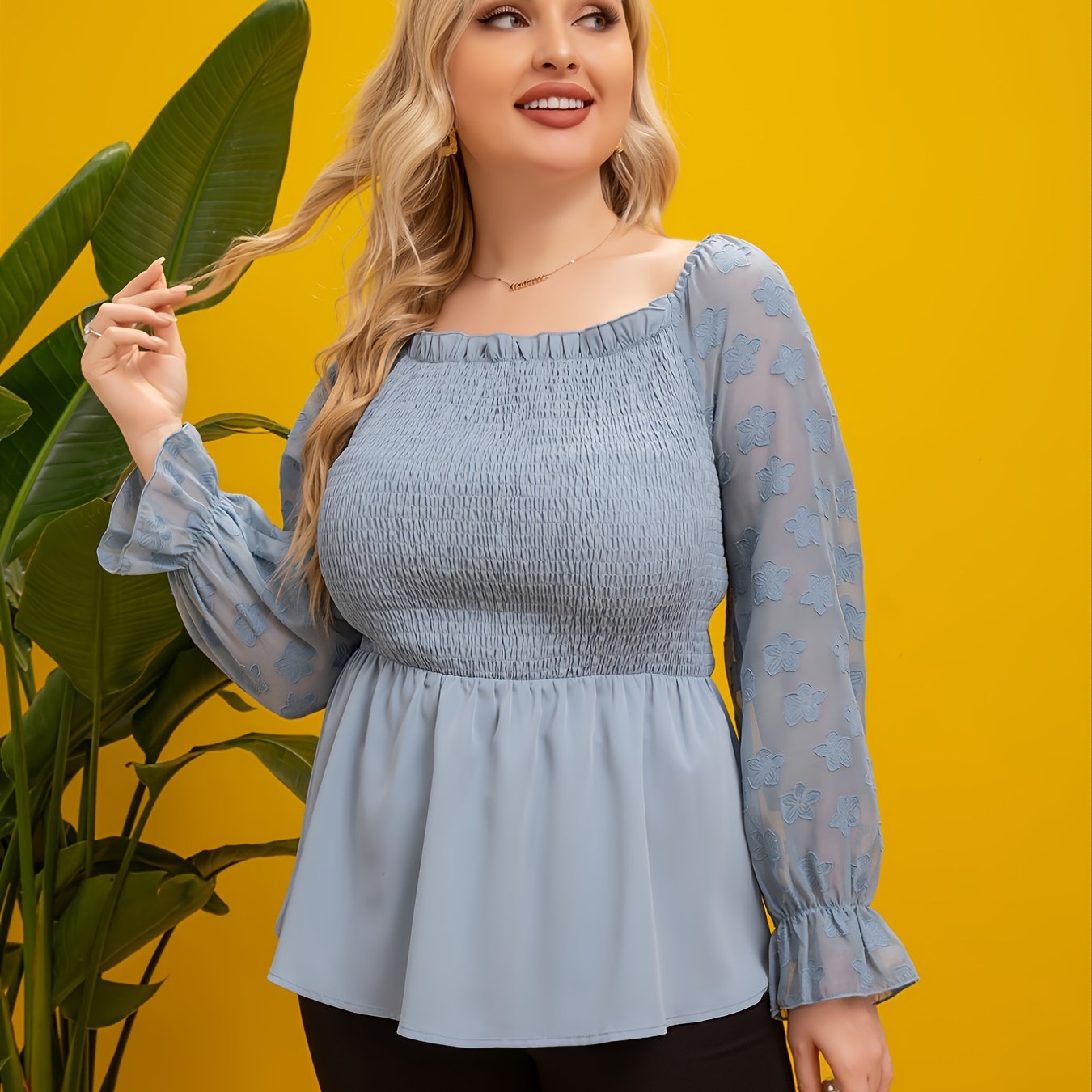 Plus Size Elegant Top Blusa Peplum Manga Linterna Cuello - Temu