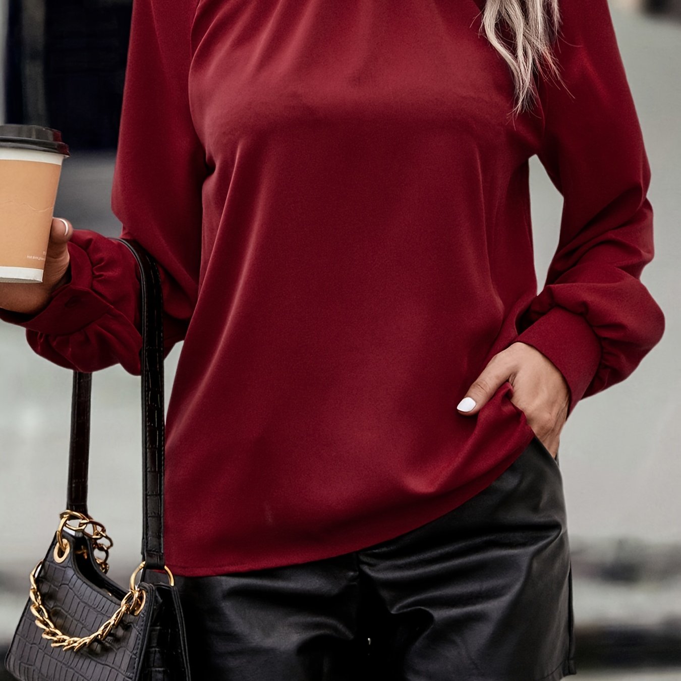 High Neck Solid Textured Blouse, Elegant Long Sleeve Comfy Blouse, Women's  Clothing