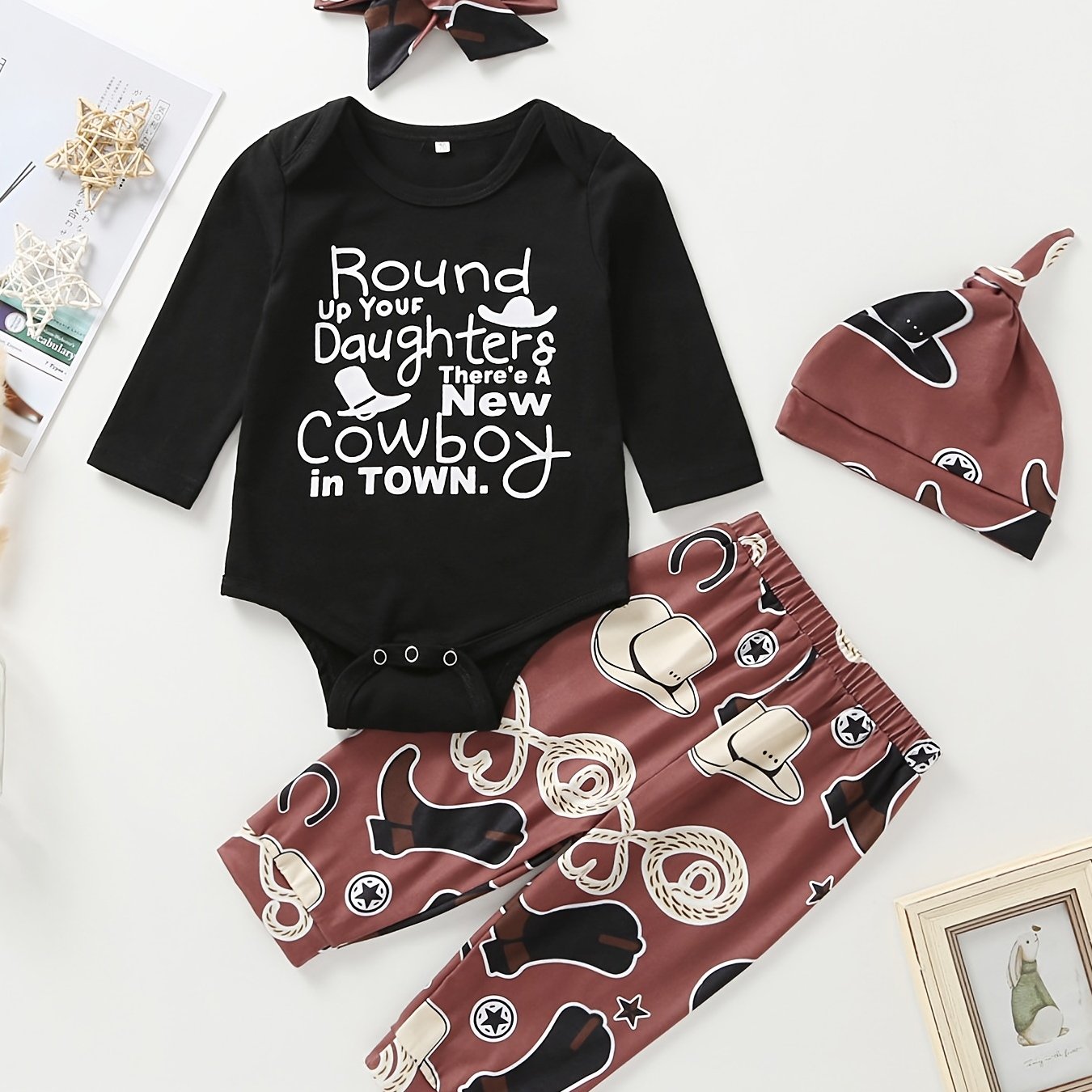 4pcs Newborn Infant Letter Print Romper Long Sleeve Crew Neck Bodysuit ...