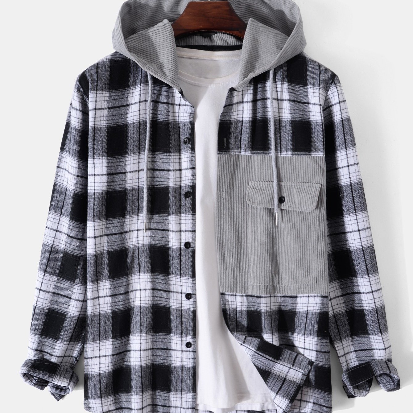 Men's Casual Black White Plaid Hooded Long Sleeve Shirt - Temu