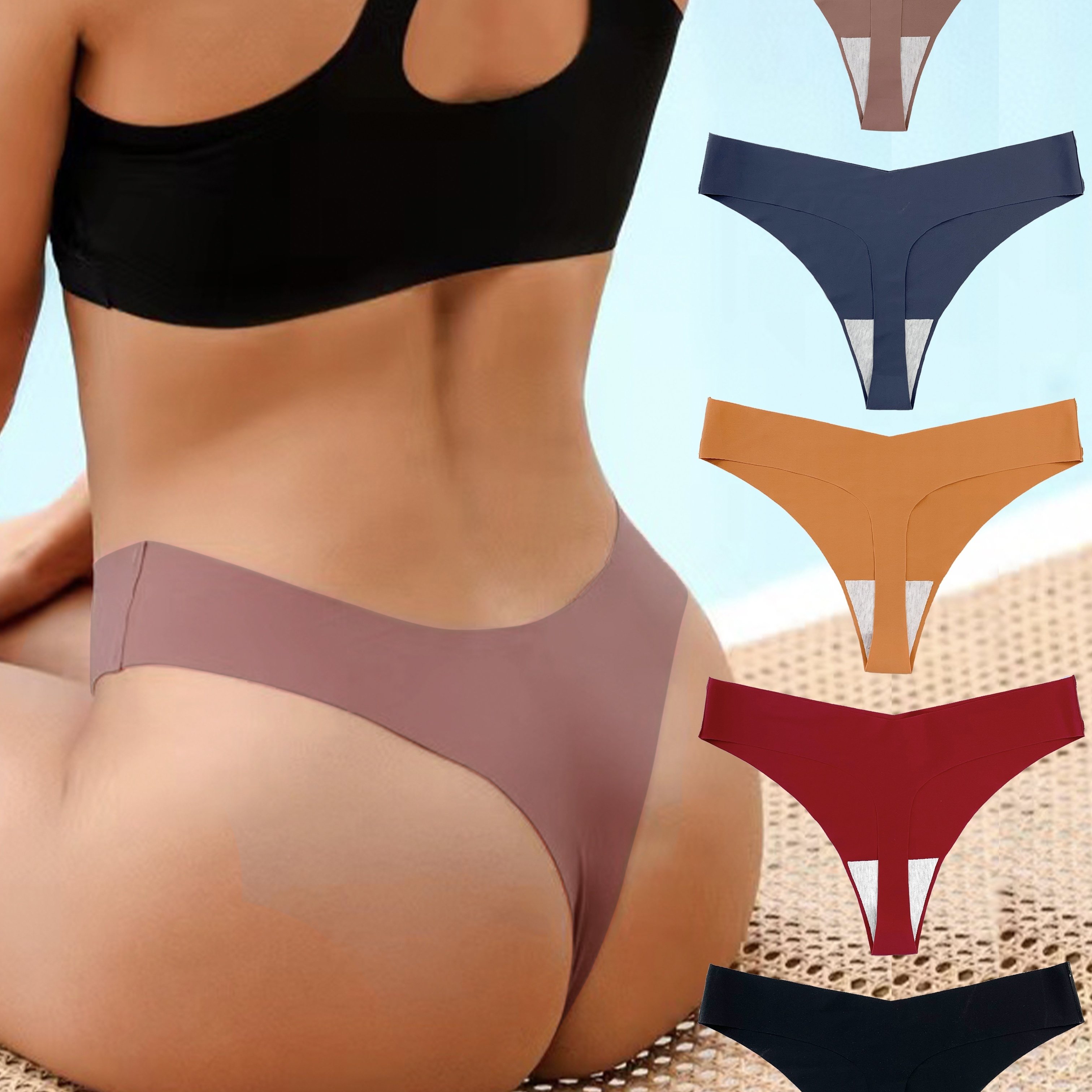 Simple Solid Color Bikini Briefs Cozy Low Waist Ribbed Thong - Temu