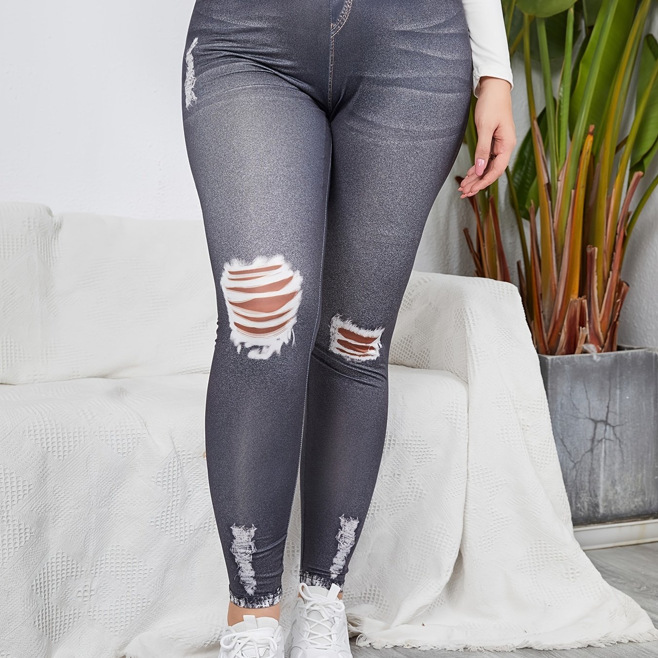 Hot Sale Custom Printing Skinny Stretch Ripped Leggings Plus Size