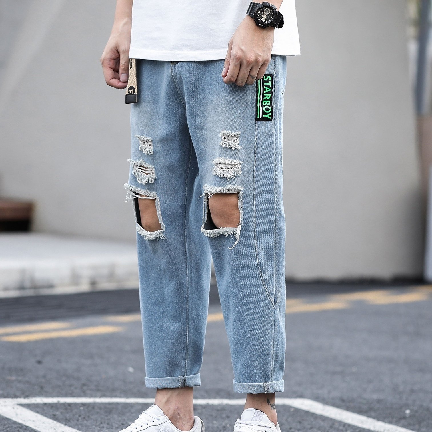 Mens ripped hot sale cropped jeans