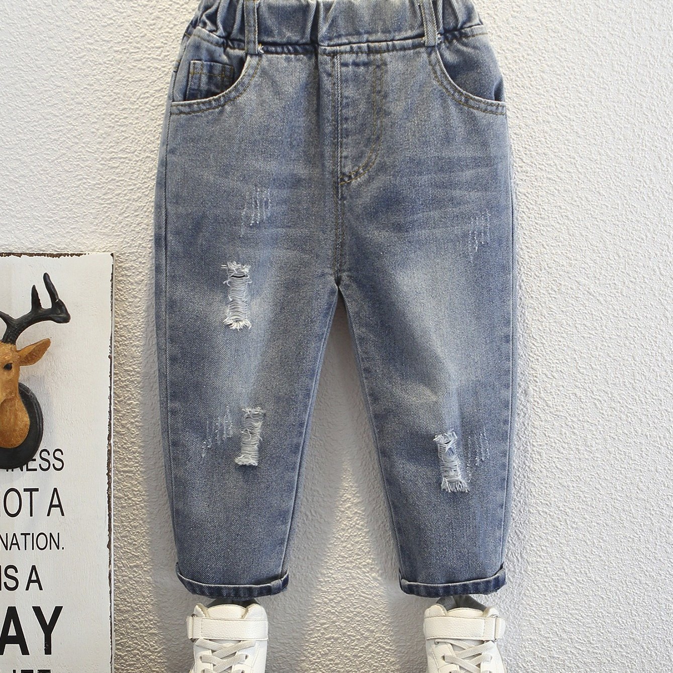 baby boys ripped jeans casual elastic waist denim pants bottoms