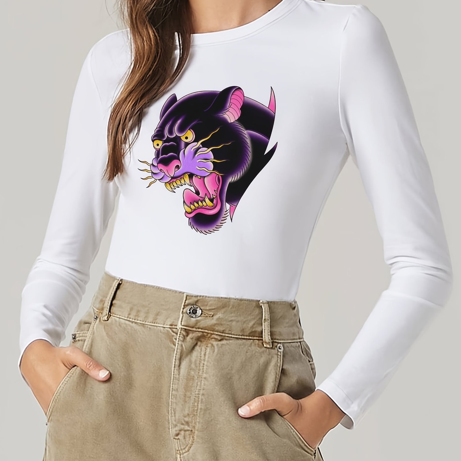 Neck Long - Crew Graphic Panther Print T shirt Sleeve Temu