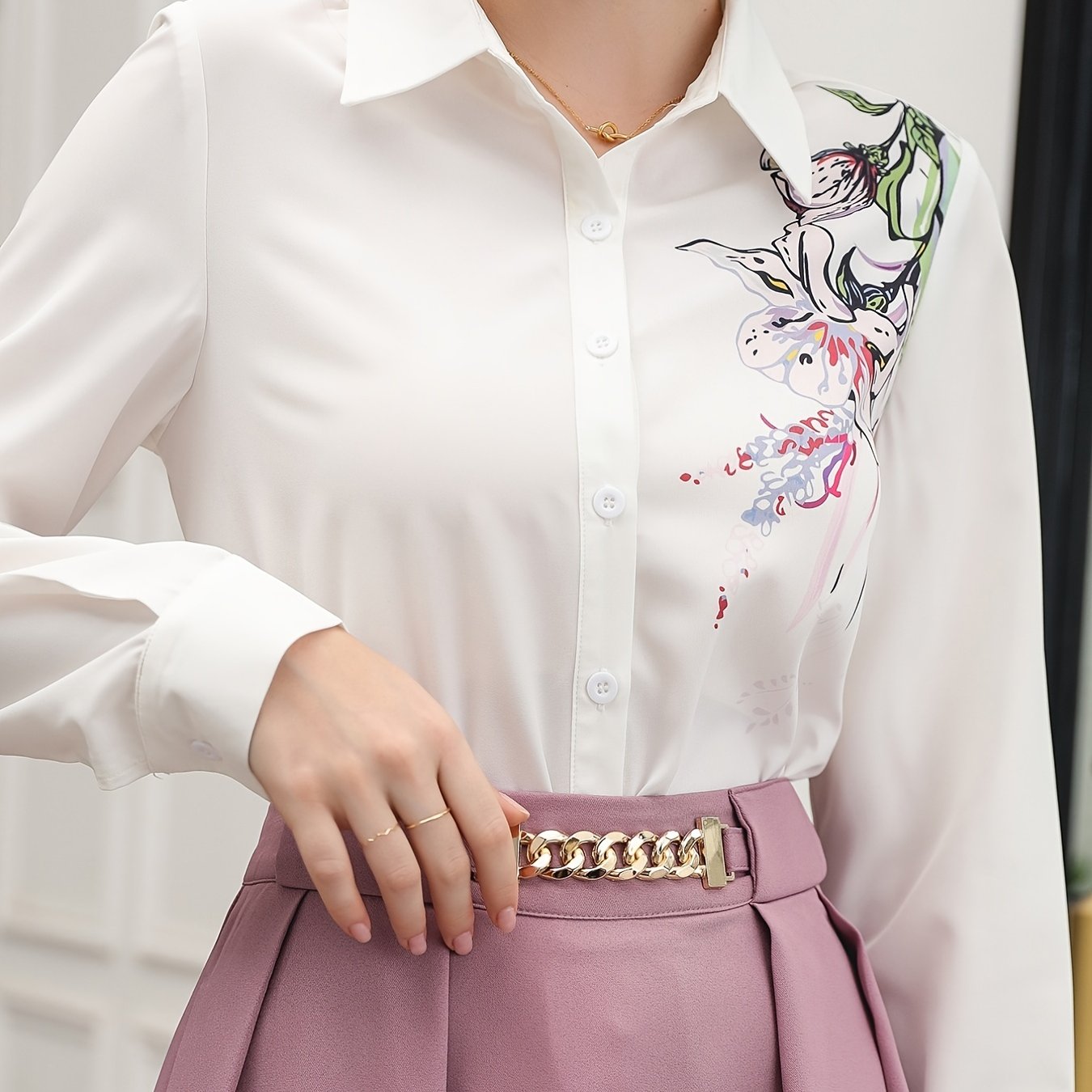Blusa de botão de flor, blusa de chiffon simples e elegante para primavera  e verão, roupas femininas - Temu Portugal