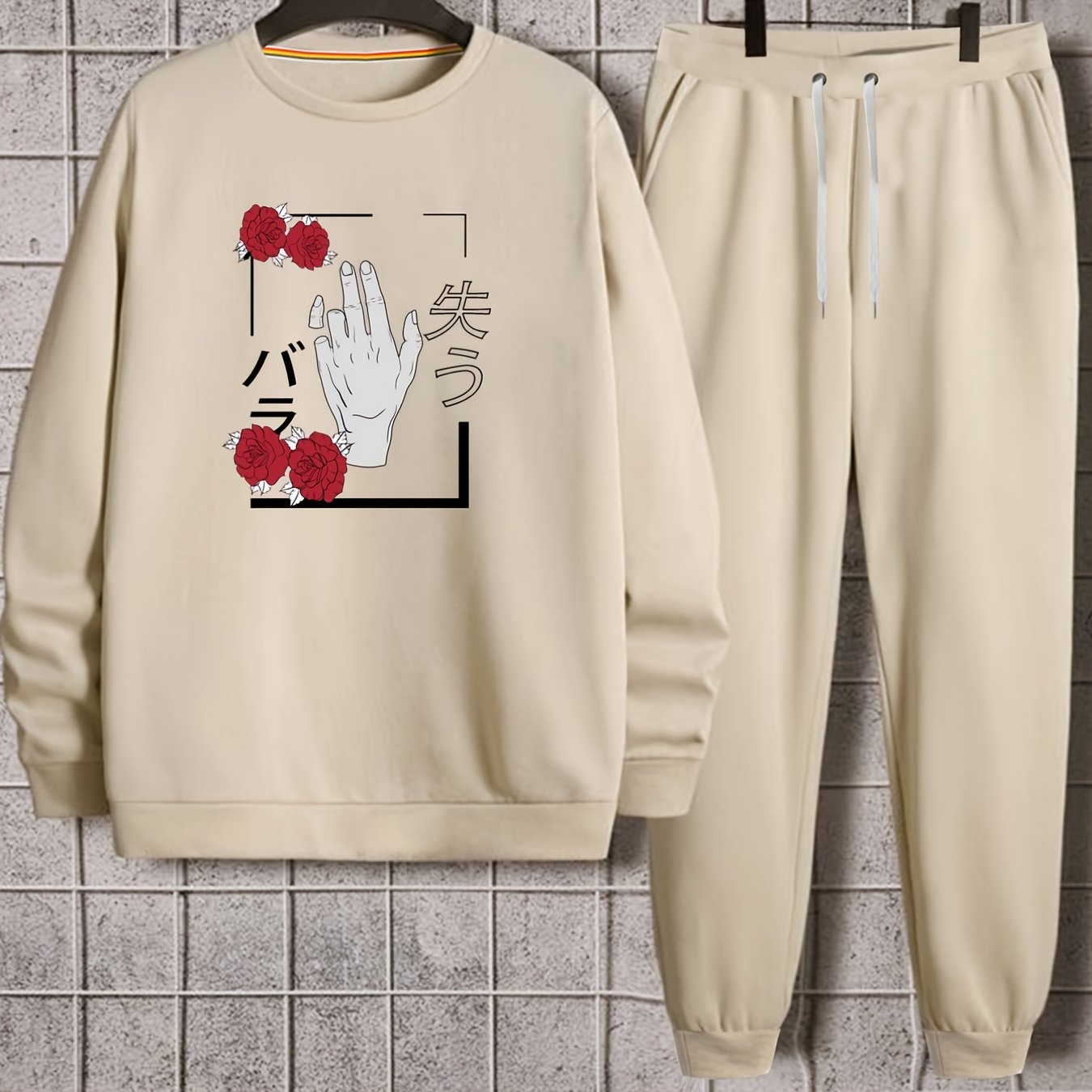 Men s creative flower graphic print round neck casual outfit set 2