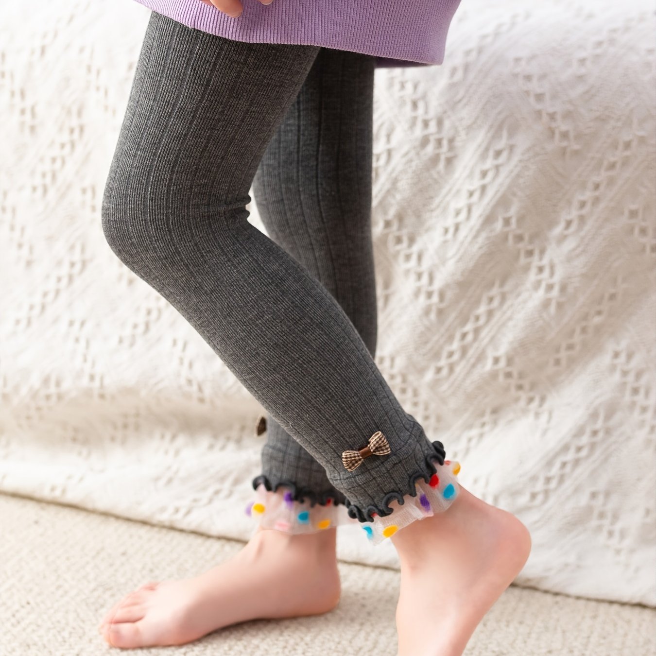 Girls Plain Color Bow Leggings Breathable Comfortable Tights