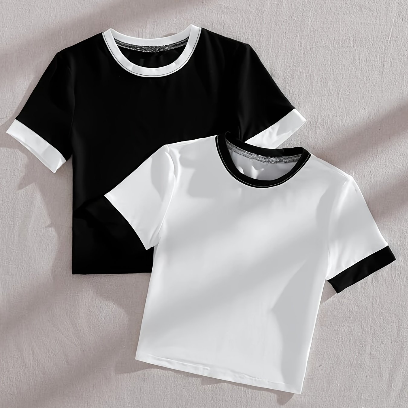 Image of 2pcs Summer Short Sleeved Women Splicing Simple Short Top Slimming Elastic T -shirt Women