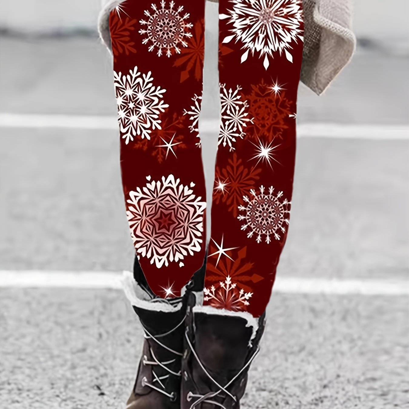 Snowflake Print Skinny Leggings, Casual High Waist Stretchy Leggings,  Women's Clothing