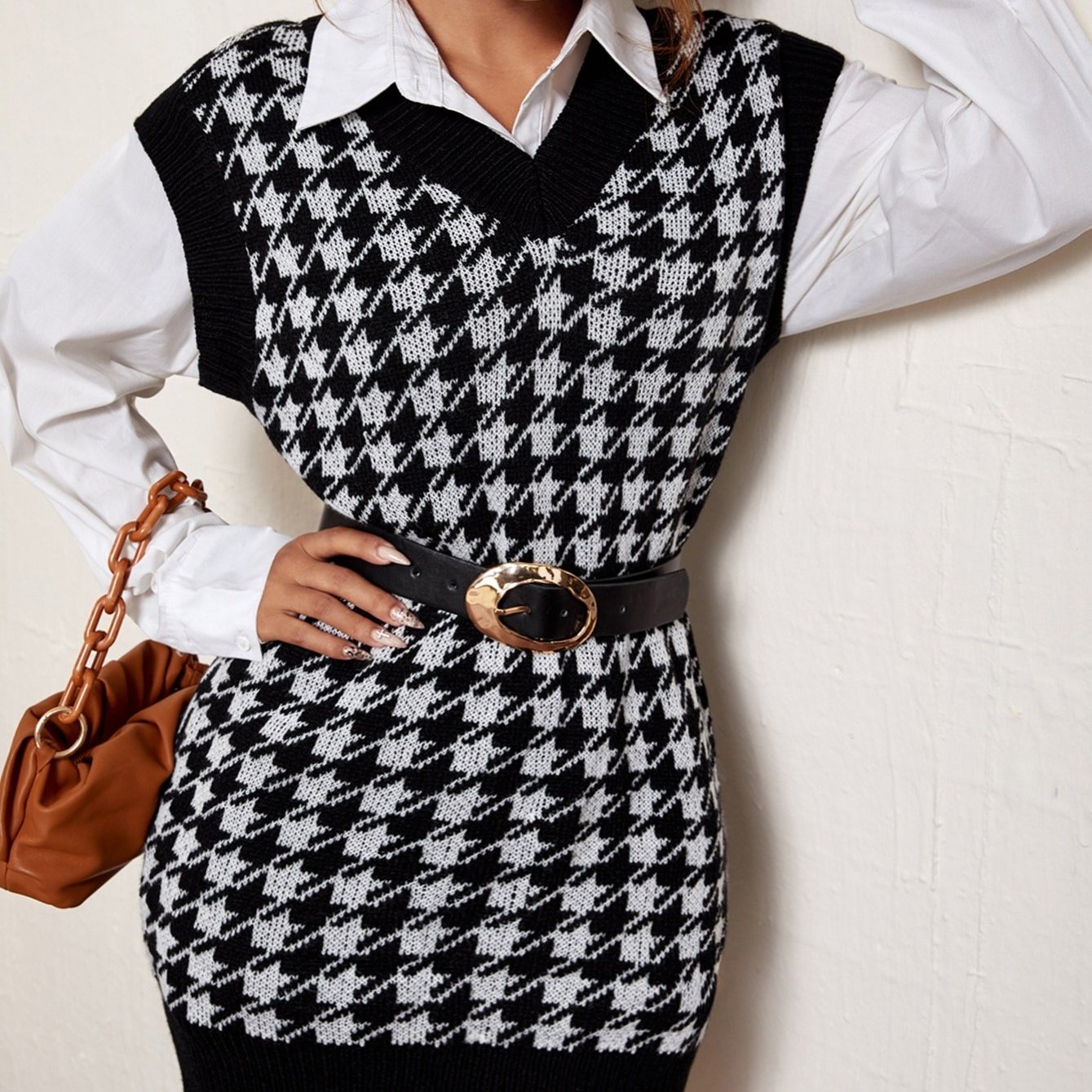 Houndstooth V Neck Knitted Vest, Vintage Sleeveless Loose Sweater, Women's  Clothing