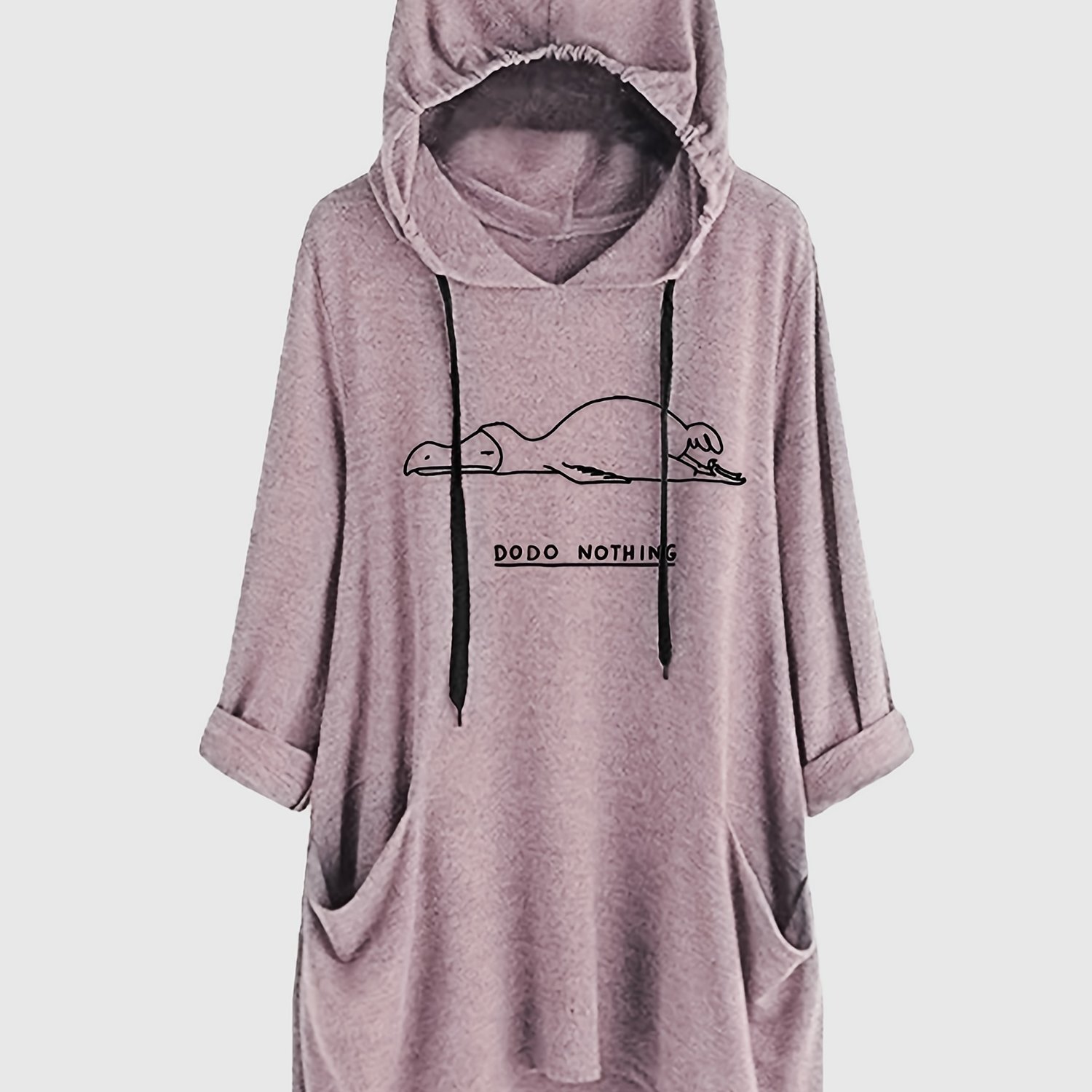 Women s cartoon print cute loose ear mid sleeve mid length hooded