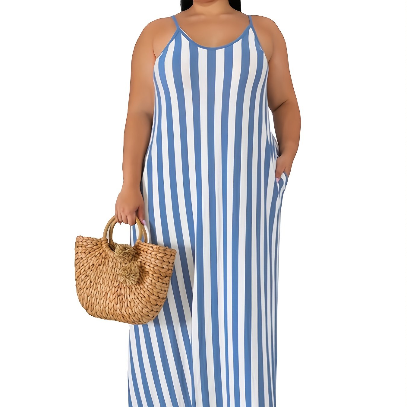 Plus Size Striped Cami Long Dress Women s Plus Loose Fit Slight Stretch 