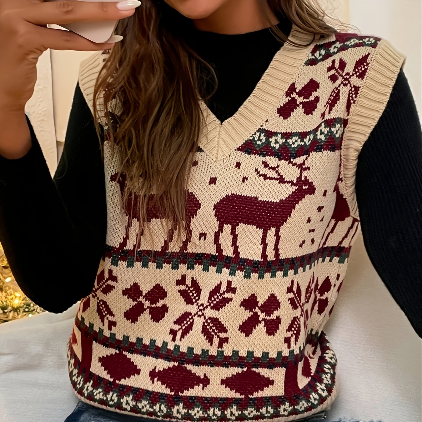 Christmas Jacquard Knit Sweater Vests, Casual Color Block Loose