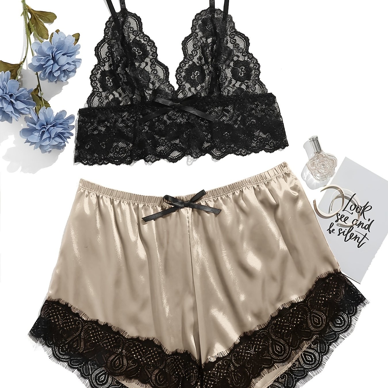 Plus Size Floral Jacquard Contrast Lace Bra Shorts Pajamas - Temu