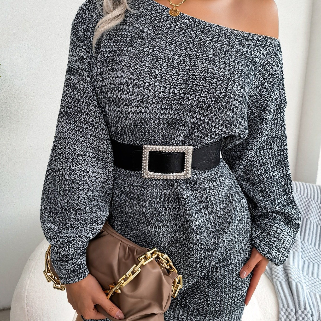 Image of Women's Sweaters Off Shoulder Lantern Sleeve Solid Strapless Casual Sweater Dresses
