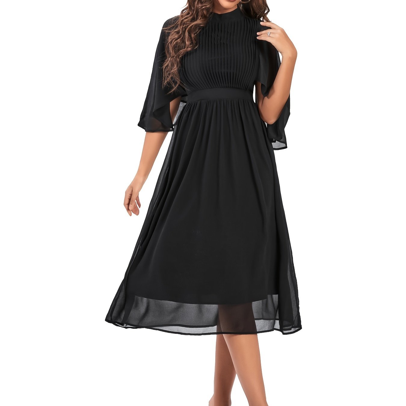 Elegant Pleated Waist Dress Loose Flowy Sleeve Solid Summer Fashion ...