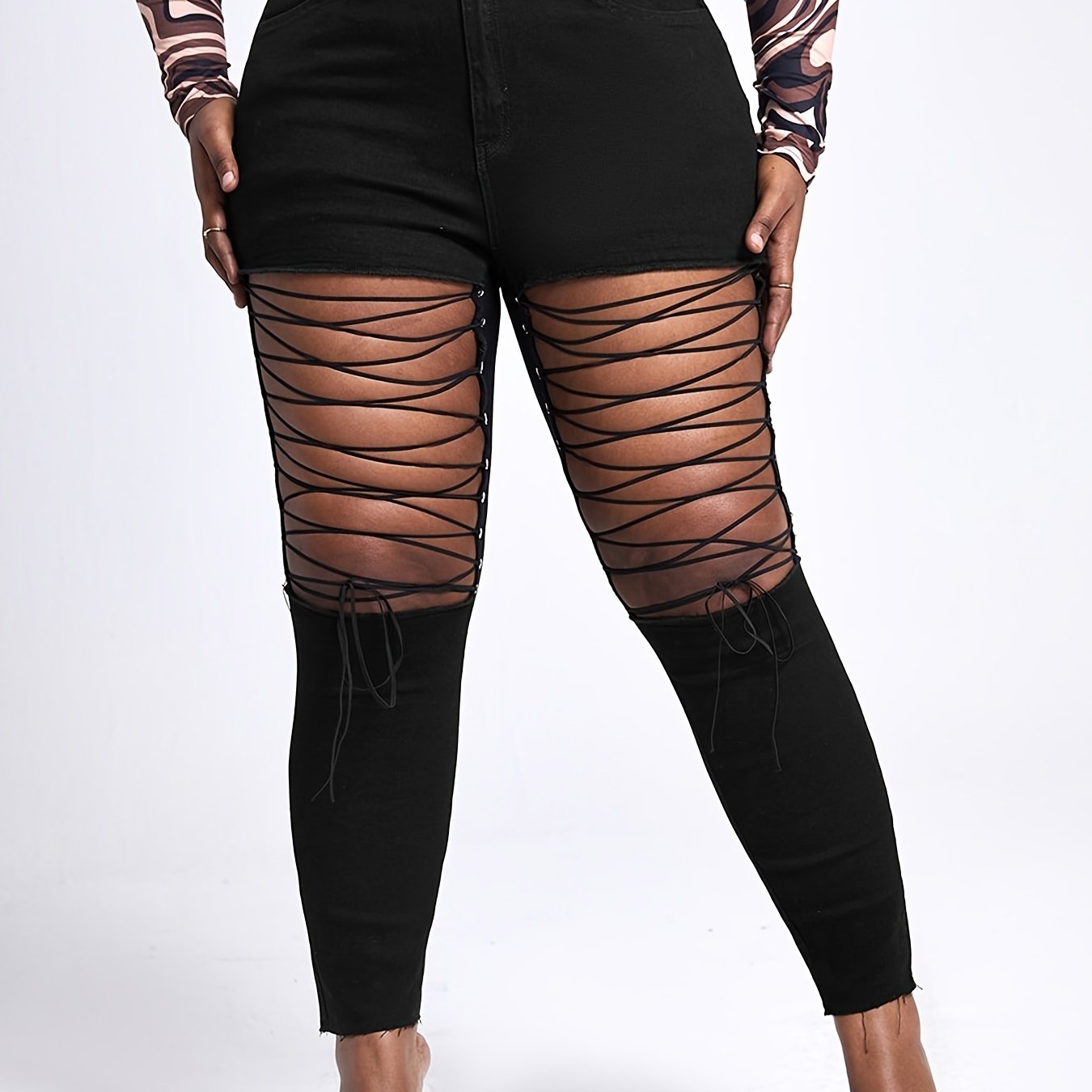 plus size cross ripped high waist skinny jeans women's Temu