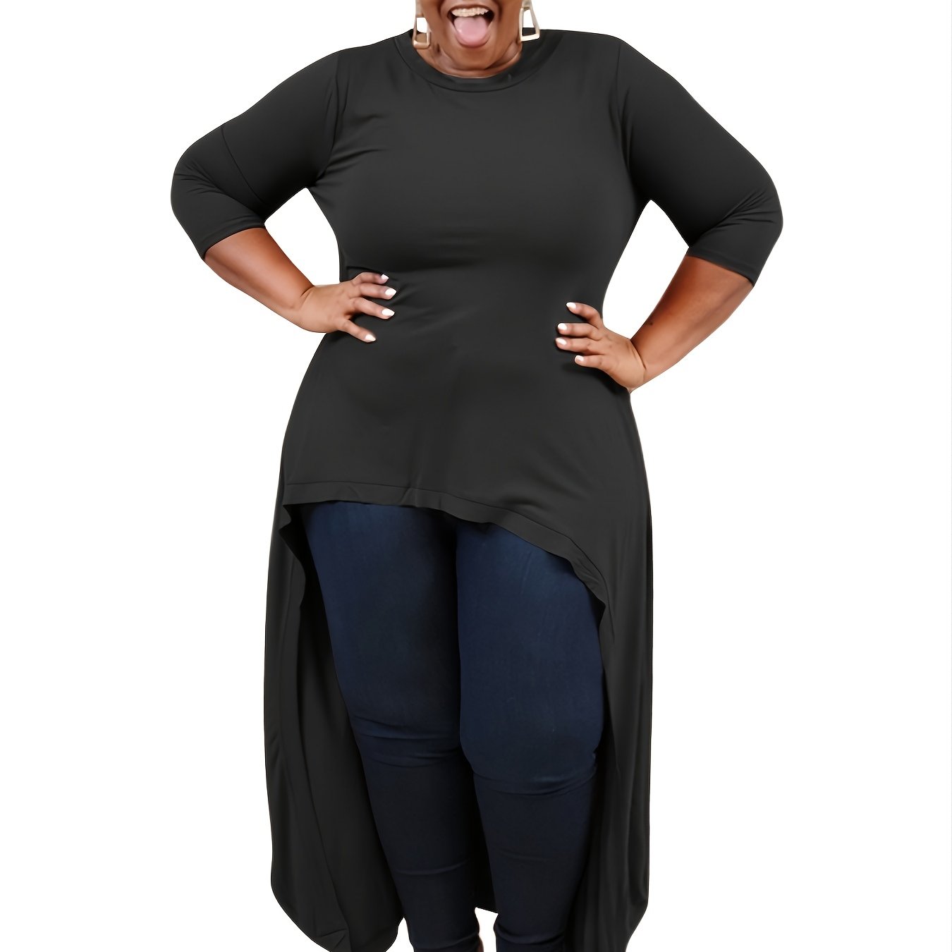 Plus Size Round Neck 3/4 Sleeve Solid Dress Women's Plus - Temu