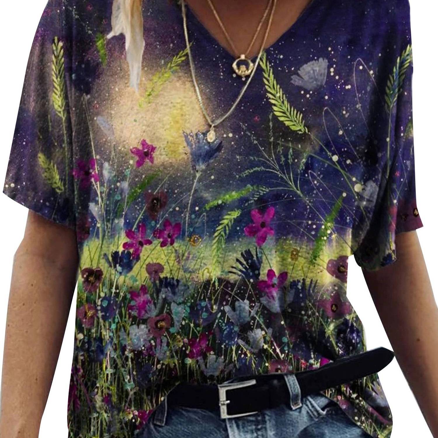Women s sunflower print v neck t shirt casual short sleeve t shirt