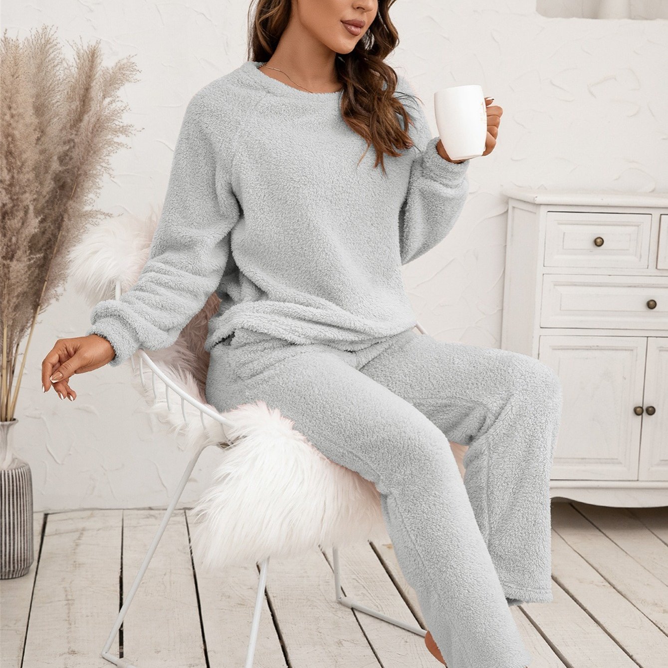 Solid Fuzzy Pajama Set Long Sleeve Crew Neck Top Elastic - Temu