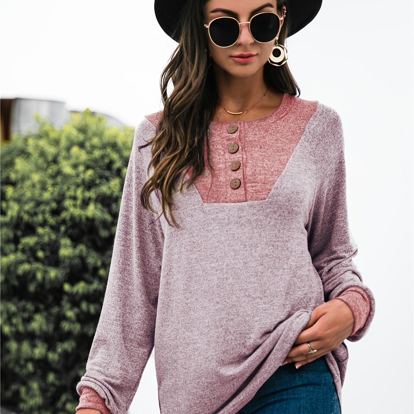 Solid V-neck Fake Buttons Long Sleeve T-shirt, Casual Autumn & Winter  Stylish T-shirt, Women's Clothing