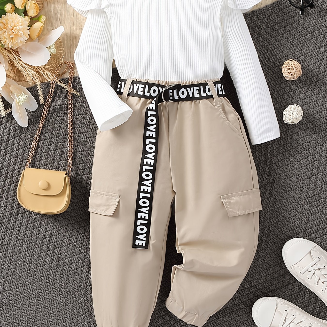 Girls' Knitted Long-sleeved Casual Pants Set, New Korean Version For Spring And Autumn, Base Shirt And Pants, Two-piece Fashionable Set For Little Girls, For Outdoor