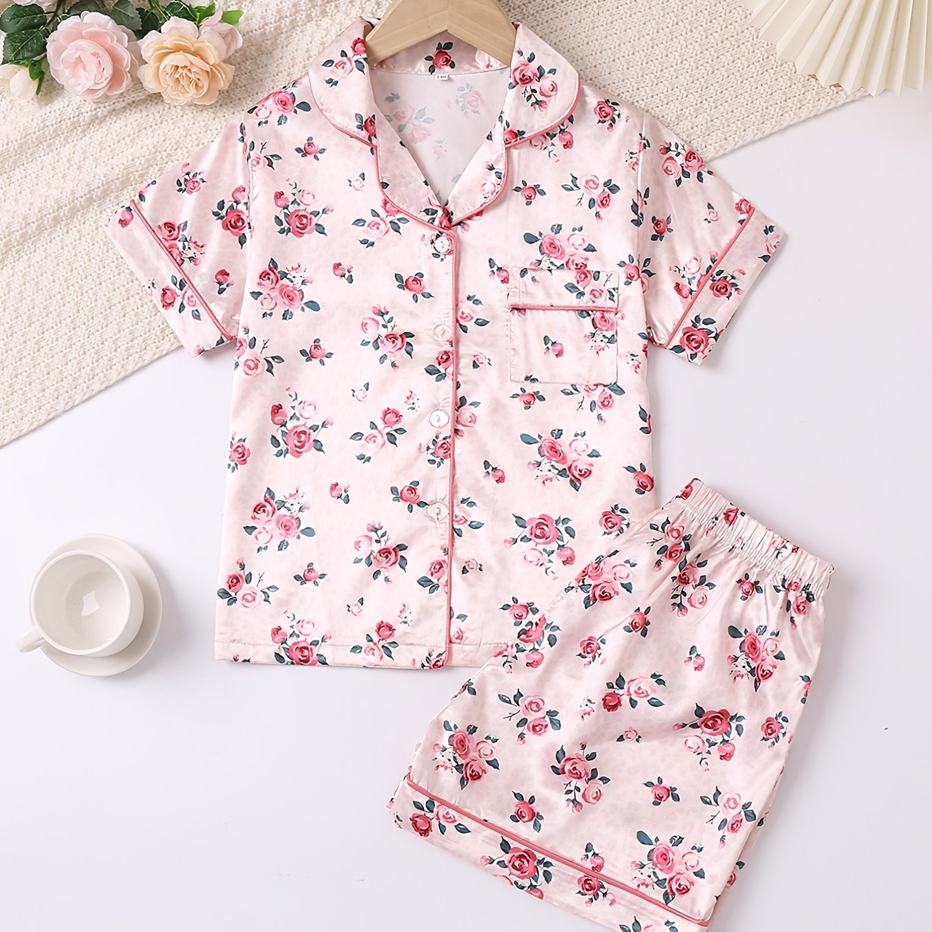 Girls Satin Pajamas Set Short Sleeve Lapel Shirts Matching Shorts ...