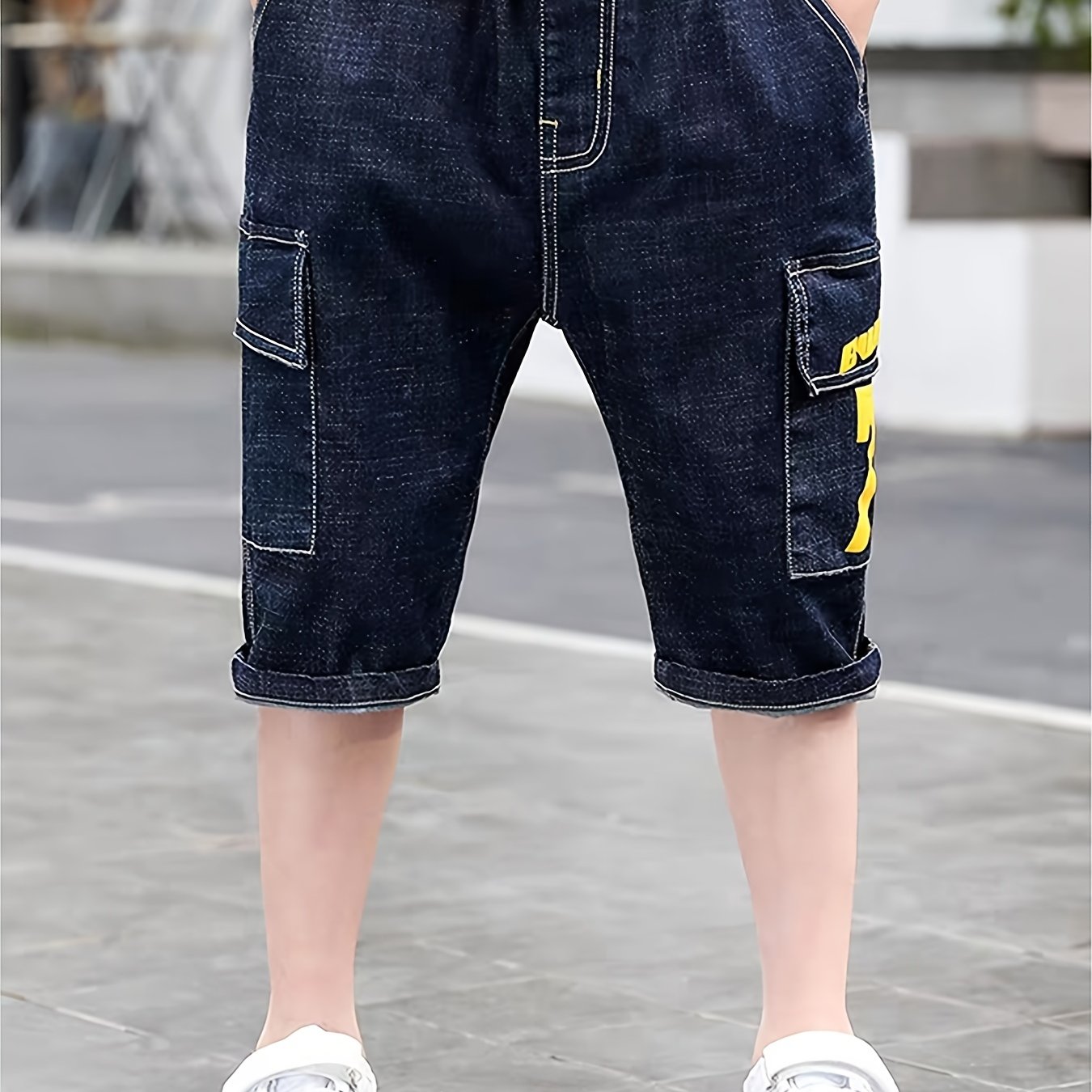 Image of Boys' Denim Capri Shorts - 7/8 Length Summer Pants With Belt Loops & Pocket, Casual Western Style For Kids, Machine Washable (big/little) - Durable Casual Attire For & Play (aged 4+)