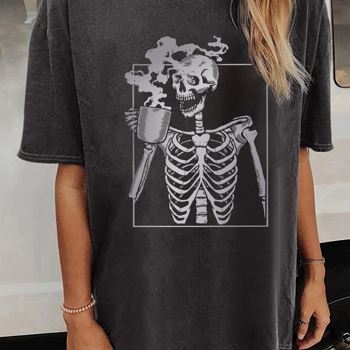 Halloween Drop Shoulder T shirt Casual Vintage Funny Skulls - Temu